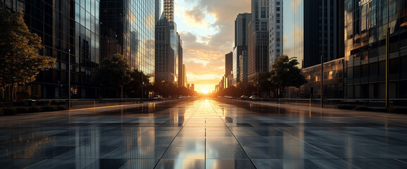 Long street in a modern city with skyscrapers, sunset at the end of the street, 3D effect