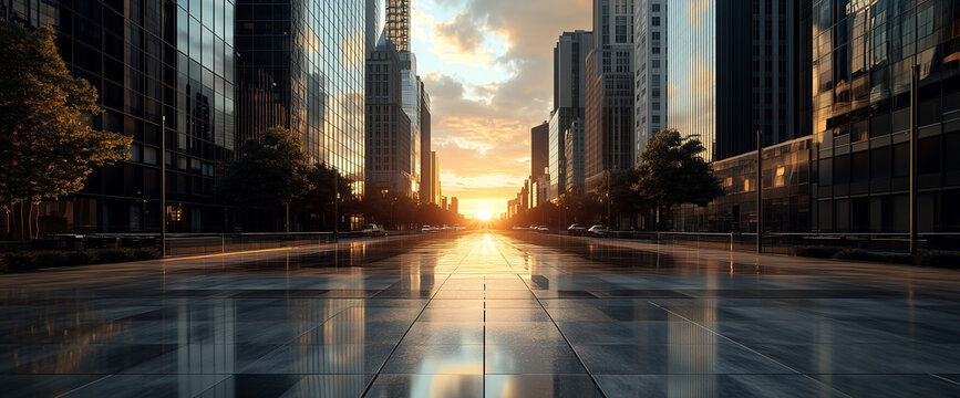 Long street in a modern city with skyscrapers, sunset at the end of the street, 3D effect