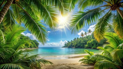 Fototapeta premium Beautiful jungle beach lagoon view with palm trees and tropical leaves, perfect for a tropical getaway , paradise, tranquil