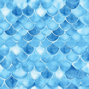 Splashing into Summer Mermaid Scales Watercolor Fish Squame Background. Watercolor seamless pattern