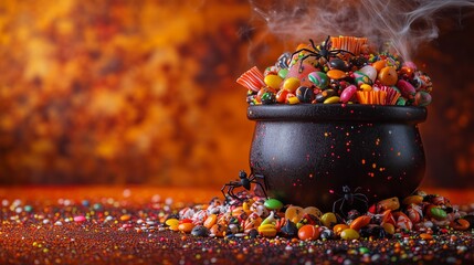 Festive background for Halloween with a bubbling cauldron overflowing with candy, colorful wrappers, 