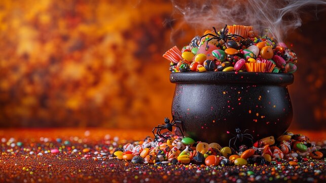 Festive background for Halloween with a bubbling cauldron overflowing with candy, colorful wrappers, 