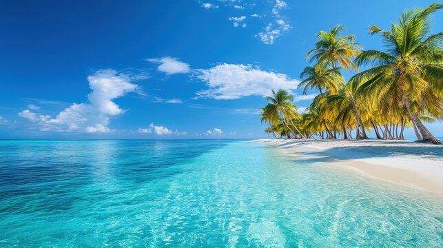 A serene tropical beach with palm trees, clear water, and a bright blue sky.