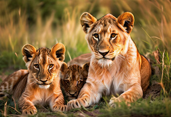 Obraz premium Lion cubs with mother in the savannah of Zimbabwe, Africa
