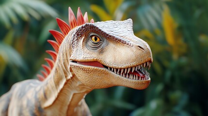 Dilophosaurus showcasing frill in a humid jungle, CGI dinosaurs, colorful display