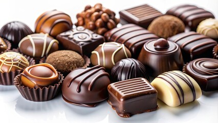 Close up of assorted chocolates on a white background, chocolate, sweet, dessert, temptation, delicious, assorted, candies