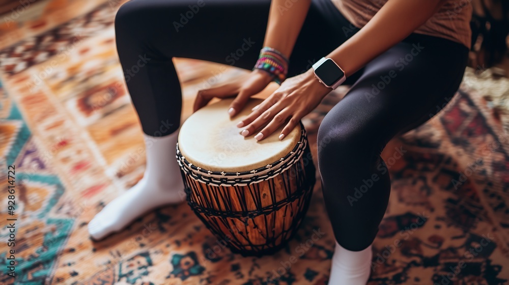 Wall mural a close-up photo of a woman's hands playing an african drum.