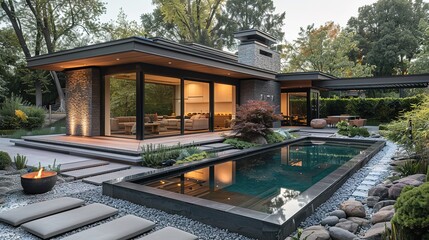 Modern home with a swimming pool and a fire pit.