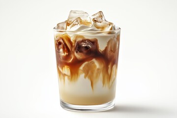 A refreshing glass of iced coffee with milk and ice cubes, showcasing a delicious blend of creamy and rich flavors, perfect for a hot day.