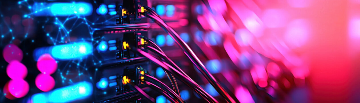 Close-up of a server rack with colorful, glowing lights and connected network cables in a data center.