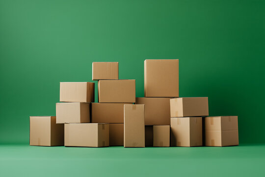 Stack of cardboard boxes on the green background. Moving house. Relocation. Delivery.
