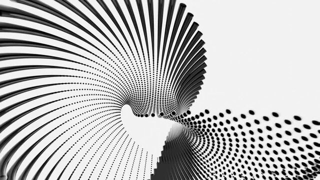 Abstract black and white spiral design with dots, showcasing dynamic motion, depth, and flow