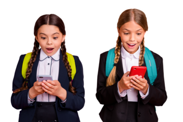 Close up photo two beautiful people she her little lady open mouth hands arms telephone reader instagram followers wear formalwear shirt blazer skirt school form bag isolated bright orange background
