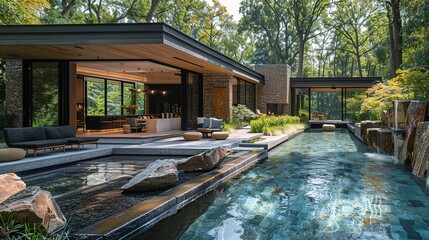 Modern home with a swimming pool and a waterfall feature.