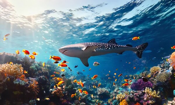 Panorama background of beautiful coral reef with marine tropical fish. Whale shark, Hammerhead shark, Zebra shark and sea turtle visited