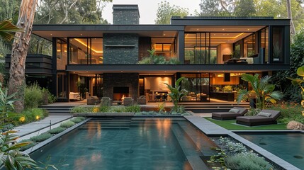 Modern home with a swimming pool and lush landscaping.