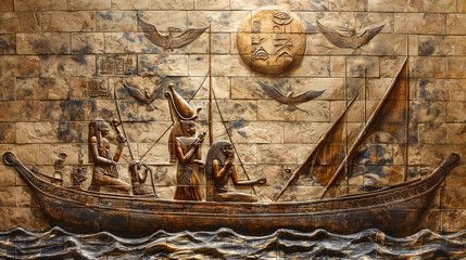 Ancient Egyptian relief depicting figures in a ceremonial boat, surrounded by hieroglyphs, showcasing a traditional cultural activity. Generative AI