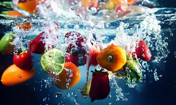 fresh multi fruits and vegetables splashing into blue clear water splash healthy food diet freshness concept