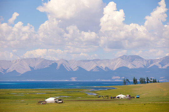 View to the Khuvsgul lake, yurts and mountains in Mongolia