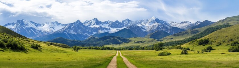 Fototapeta premium Breathtaking landscape featuring a winding road through lush green fields and majestic snow-capped mountains under a clear sky.