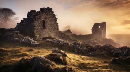 Obraz premium Ruined castle walls enveloped in golden hour mist