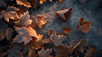 Frost-covered fallen leaves glistening in the morning light against a cold autumn ground