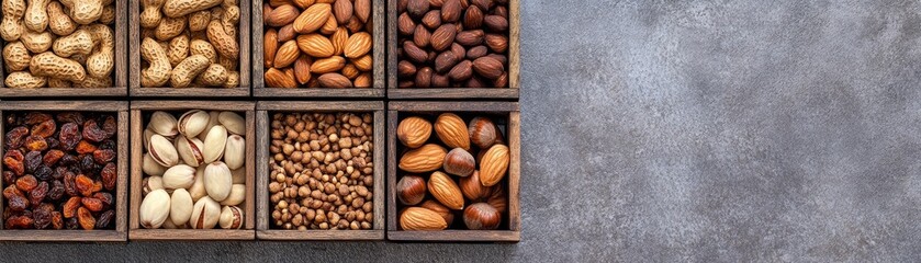 A top view of assorted nuts in wooden boxes, showcasing a colorful variety of textures and shades, perfect for healthy snacking.