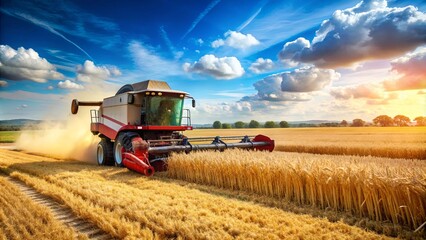 Obraz premium Agricultural machinery combines harvesting ripe wheat in a sunny field, wheat, combine harvester, agriculture, farming, crop