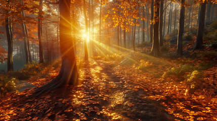 Autumn forest at sunset with sun rays streaming through the trees against a glowing landscape
