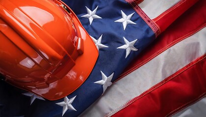 Labor day Layout with American Flag and Hard Hat - A top-down view mockup featuring an orange hard hat placed on US flag. Graphic art illustration lay