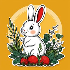 Cute White Rabbit Sitting in a Garden with Red Berries