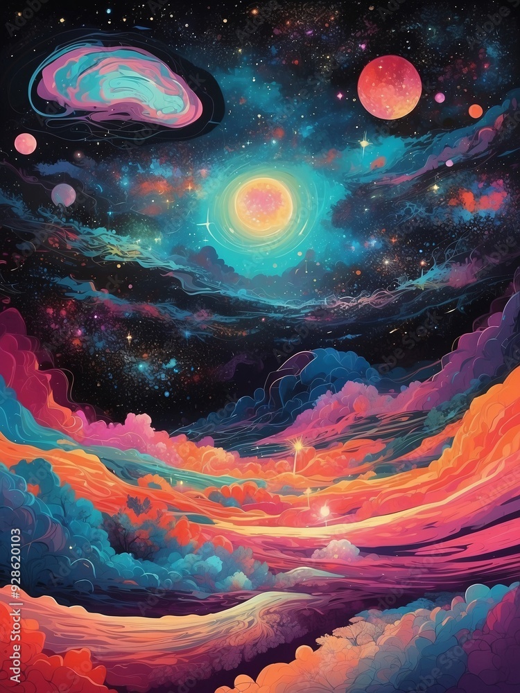 Wall mural stunning illustration of a cosmic dreamscape with glowing star fields and radiant nebulae, glowing i