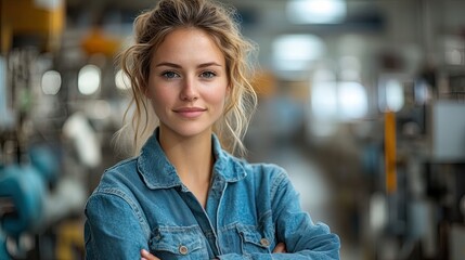 An industrial woman engineer stands in a factory with her arms crossed.