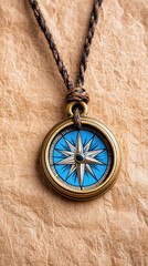 Close-up of a vintage compass necklace with a blue and white star design on a textured brown background.