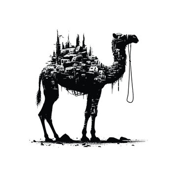 recommend clip art: silhouette of Camel filled with destroyed futuristic dystopia environment in rough drawing, minimalist, less detail, vector, bw, cutout, isolated white,