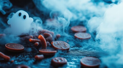 Playful background for Halloween with chocolate coins and jelly worms scattered over a sapphire blue surface, 