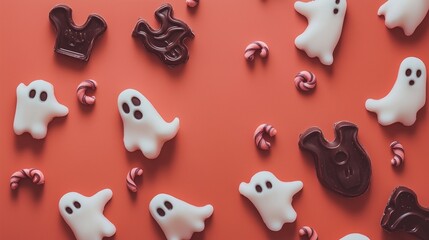 Playful background for Halloween with chocolate bones and candy worms scattered over a pumpkin orange surface,