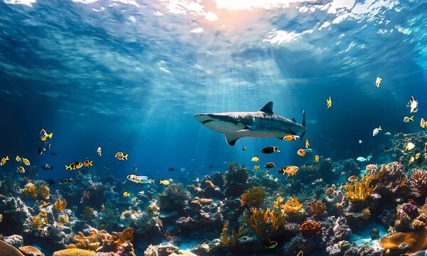 Panorama background of beautiful coral reef with marine tropical fish. Whale shark, Hammerhead shark, Zebra shark and sea turtle visited