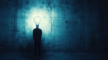 Obraz premium A person with a lightbulb for a head stands in front of a dark wall.