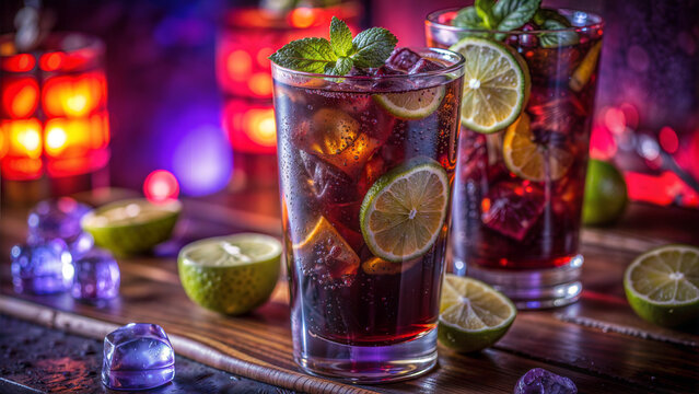 Neon Infused Cocktail with Fresh Mint and Citrus in a Vibrant Dark Background