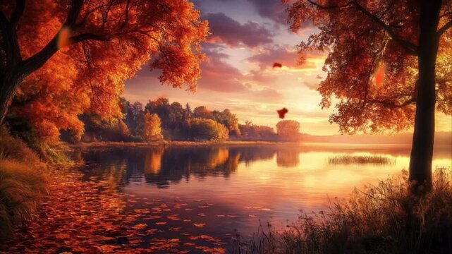 Tranquil autumn sunset over a calm lake surrounded by trees with golden leaves. Nature concept. Seamless looping time-lapse video background.