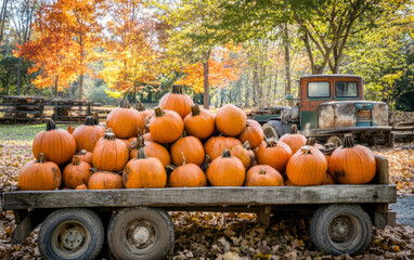 Wooden cart filled with pumpkins in a rustic autumn setting. Perfect for fall, harvest, and Thanksgiving visuals.