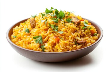 Mutton Fried Rice, Made with tender pieces of mutton, this fried rice is rich and flavorful, often spiced with turmeric, ginger, and coriander. isolated on white background