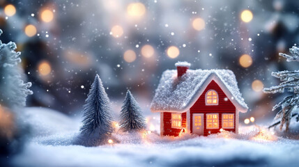 Cozy Christmas scene with a snow-covered house and trees. Perfect for holiday cards and winter decorations
