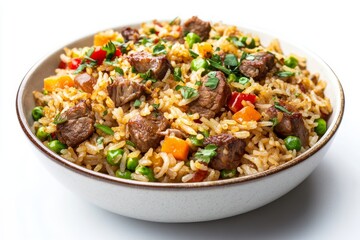Fototapeta premium Mutton Fried Rice,Made with tender pieces of mutton, this fried rice is rich and flavorful, often spiced with turmeric, ginger, and coriander. isolated on white background