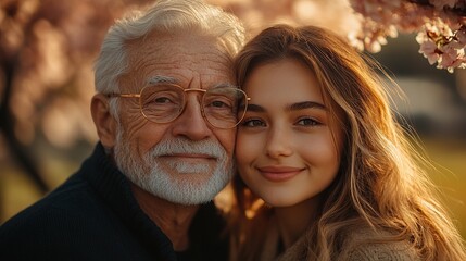 In a park on a spring day, a senior father is embraced by his adult daughter.