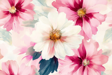 Watercolor flowers background. A vibrant floral pattern featuring large blossoms in shades of pink, white, and purple on a soft background. Perfect for textile designs and spring themes.