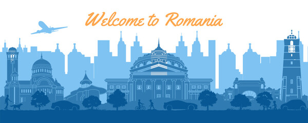Obraz premium Romania famous landmarks in the city and park by silhouette style,vector illustration