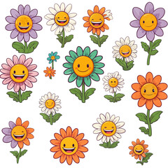 flower faces, petals, spring and nature, flower cartoon characters. Funny happy daisy and fun orange sunflowers with eyes and smile