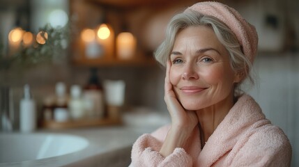 In the bathroom, a beautiful senior woman in a bathrobe follows her morning routine by applying natural cream as part of her skincare regimen.